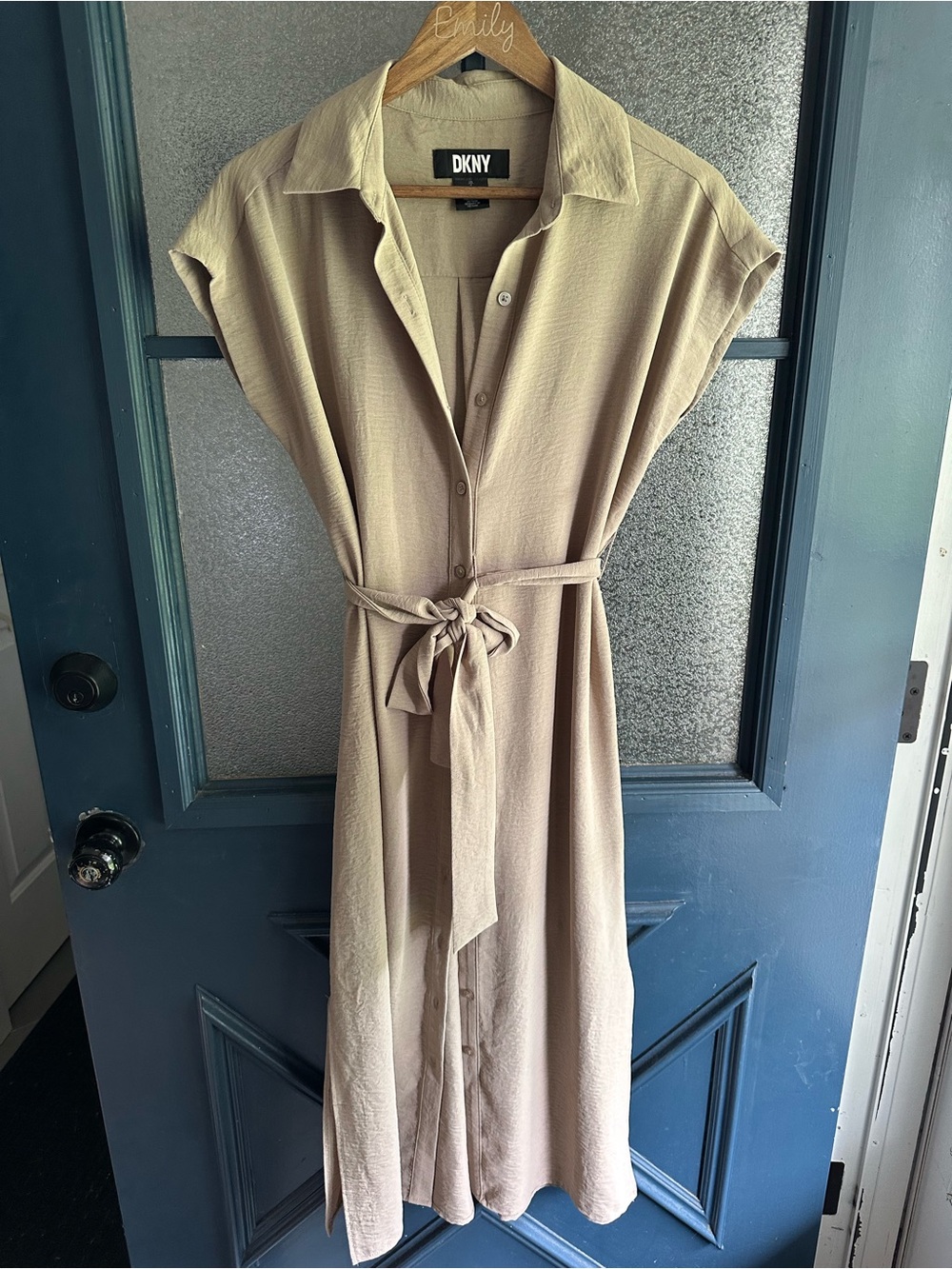 DKNY Tan Midi Shirt Dress with Tie Waist